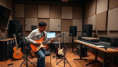 An engaging virtual studio setup with a mentor guiding a musician through a music production session, surrounded by musical instruments and recording equipment, conveying professionalism and mentorship in the music industry.