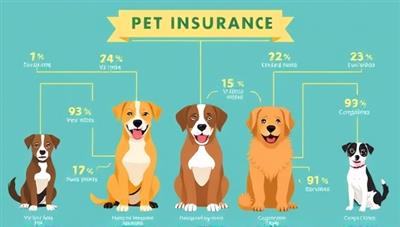 A colorful and engaging infographic depicting different pet breeds, each connected to various insurance coverage options like vet visits, surgeries, and grooming services, symbolizing the diverse and tailored nature of the insurance plans.