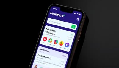 A smartphone screen displaying the HealthSync app dashboard with personalized health goals, fitness challenges, and nutritional recommendations, accompanied by vibrant health icons and motivational quotes, promoting a holistic approach to well-being.