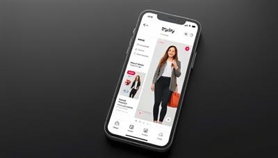 An interactive smartphone screen displaying the Stylify AI app interface with outfit suggestions, style recommendations, and a virtual stylist avatar assisting a user in selecting a trendy ensemble, showcasing the personalized fashion services offered by the app.