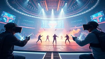 An epic virtual battle scene within a futuristic virtual reality arena, with players in full VR gear engaging in a competitive eSports match, showcasing the immersive and exhilarating experience of the VR Battle Dome.