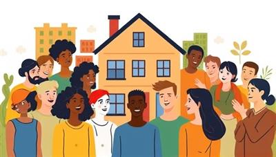 An illustration of diverse individuals coming together to support a housing project, symbolizing the collaborative and community-driven nature of the HomeFund Initiative crowdfunding platform for affordable housing.
