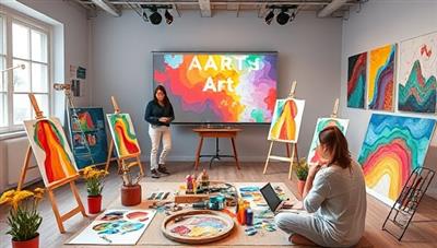 An interactive virtual art workshop setup featuring an artist guiding participants through a painting session, with colorful art supplies, canvases, and creative inspiration displayed on screen, creating a vibrant and immersive art environment that encourages artistic exploration and self-expression.