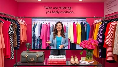 A vibrant virtual boutique setting with a fashion consultant showcasing a variety of inclusive and stylish clothing options on screen, surrounded by colorful wardrobe selections, statement accessories, and positive affirmations, creating an empowering and body-positive atmosphere for clients seeking fashion confidence and style inspiration.