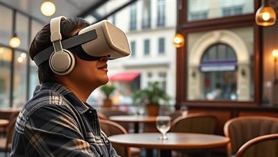 An individual wearing a VR headset immersed in a virtual Parisian cafe, interacting with a digital French-speaking avatar to practice conversational French, illustrating the innovative language learning approach of VRlingo.