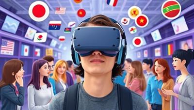 An engaging visual of a user wearing a VR headset, immersed in a virtual language marketplace surrounded by animated characters speaking different languages, with language learning materials floating around, showcasing the interactive and immersive nature of the platform.