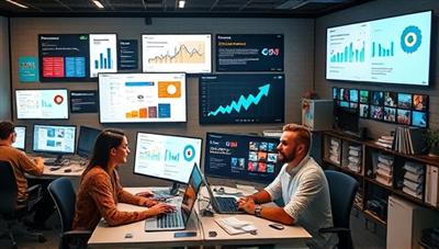A virtual marketing agency workspace scene with a team of digital marketers brainstorming ideas, analyzing data on multiple screens, and creating engaging content for client campaigns, showcasing a collaborative and dynamic approach to online brand building and marketing strategies.