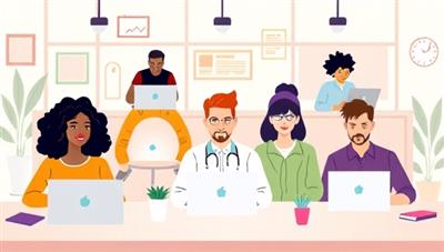 An illustration of a diverse group of gig workers with laptops in a virtual workspace, collaborating on different projects, showcasing the flexibility and expertise available on the GigConnect platform.