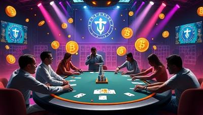 A dynamic and thrilling image of digital poker tables with cryptocurrency symbols in the background, depicting players from around the world engaging in intense poker gameplay and competing for valuable crypto prizes, capturing the essence of the CryptoPoker tournament experience.