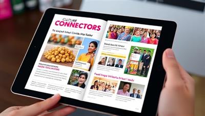 A digital tablet displaying a vibrant and interactive page from the Culture Connectors magazine, showcasing colorful cultural imagery, engaging videos, and a calendar of upcoming local events, inviting readers to explore and connect with diverse cultures.