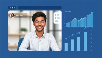 A digital platform interface showing a user engaging with a financial coach via video call, with charts and graphs depicting financial progress in the background, symbolizing growth and empowerment.