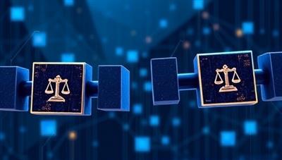 An artistic representation of interconnected blocks forming a chain with legal symbols embedded, symbolizing the fusion of blockchain technology and legal contracts in a digital ecosystem, representing innovation and security in legal agreements.