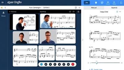 An online platform interface showcasing a virtual music theory workshop with participants engaging in interactive exercises, analyzing musical scores, and discussing composition techniques, fostering a collaborative and enriching learning environment for music enthusiasts.