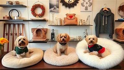 A chic display featuring a variety of custom pet accessories like embroidered collars, plush beds, and stylish pet clothing, with adorable pets modeling the accessories in a cozy and elegant setting, exuding luxury and individuality.