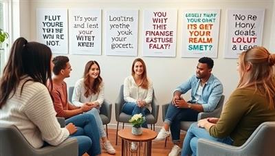 A group coaching session setting with millennials discussing financial goals and strategies, surrounded by motivational quotes and visual aids, creating a supportive and empowering atmosphere for personal finance growth and development.