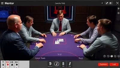 A virtual poker table with a coach guiding a group of players through a hand, discussing strategy and game dynamics, portraying the interactive and educational aspect of PokerPro Mentor.