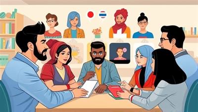 An artistic depiction of a virtual language exchange session with diverse avatars representing different cultures and languages engaging in conversation, exchanging knowledge, and building connections in the virtual space of Lingo Link's language exchange club.