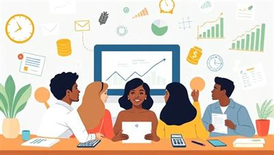 An illustrative depiction of a diverse group of individuals engaging in a virtual financial literacy course, surrounded by interactive financial tools, graphs, and calculators, symbolizing empowerment and knowledge in personal finance management.