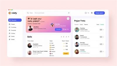 An engaging platform interface mockup showing a user-friendly dashboard with project listings, skill categories, and ratings, highlighting the simplicity of finding and hiring skilled professionals for short-term projects.