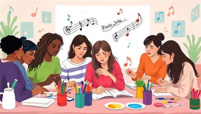 An emotional illustration depicting a diverse group of individuals engaging in virtual art therapy workshops, surrounded by colorful art supplies and soothing background music, conveying a sense of healing and self-expression.