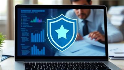 An image of a digital shield icon protecting financial documents and tax forms on a computer screen, with a virtual tax auditor examining files in the background, symbolizing online tax audit defense and protection services for clients.