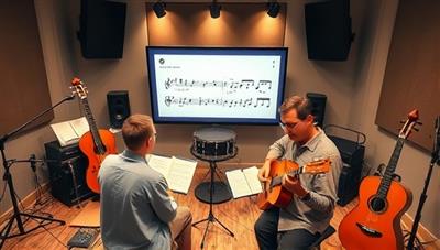 A virtual music studio setup with an instructor guiding a student through a musical piece on a digital interface, surrounded by musical instruments, sheet music, and audio recording equipment, showcasing the immersive and interactive nature of online music lessons.