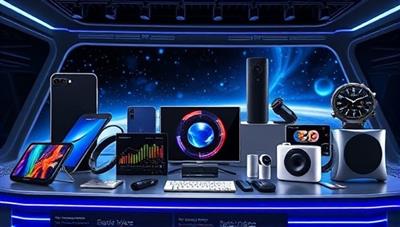 An array of sleek and modern tech gadgets displayed on a futuristic rental service platform, showcasing the variety of devices available for subscribers, from smartphones and wearables to smart home devices and audio accessories, highlighting the tech-forward and convenient nature of GadgetGuruRentals.