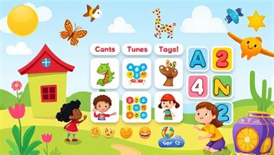 An imaginative and colorful app interface showcasing playful characters, interactive games, and educational challenges tailored for young learners, capturing the essence of fun and educational engagement in a digital learning environment.
