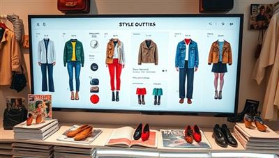 An interactive screen display showing various outfit combinations and style recommendations based on user preferences and fashion trends, surrounded by fashion magazines and accessories, creating a trendy and personalized styling experience.