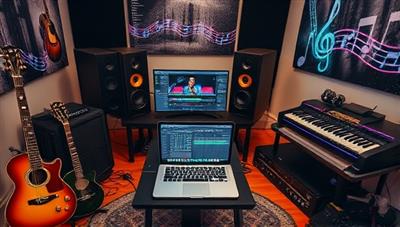 A home music studio setup with instruments, recording equipment, and a laptop displaying a music production tutorial session, surrounded by musical notes and soundwave visuals, creating an inspiring and immersive learning environment for music enthusiasts.