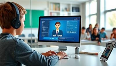 An engaging virtual classroom setting with a student interacting with an AI tutor on a computer screen, surrounded by educational resources and a diverse group of students in the background, highlighting modern education and personalized learning.