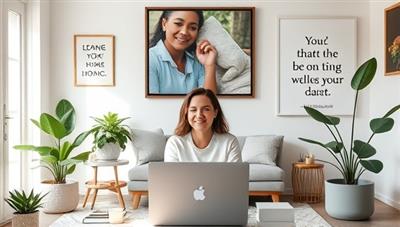 An inviting and peaceful digital workspace with a wellness coach conducting an online session with a client, surrounded by green plants, calming decor, and motivational quotes, creating a serene and motivational atmosphere for wellness coaching.