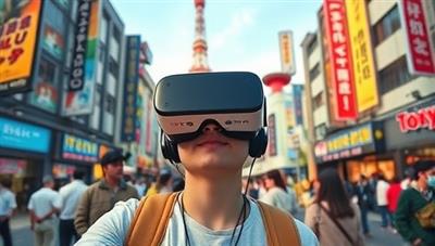An immersive VR scene showcasing a user wearing a VR headset, exploring the vibrant streets of Tokyo virtually, surrounded by digital recreations of iconic landmarks and bustling crowds, capturing the essence of VR Wanderlust's travel experiences.