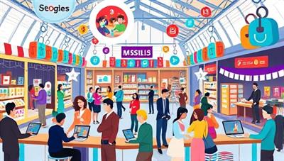 An artistic representation of a virtual marketplace with colorful icons representing various skills and hobbies, surrounded by virtual avatars of creators and learners interacting and exchanging knowledge, fostering a vibrant and collaborative learning community.