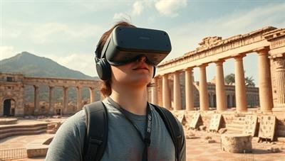 An artistic representation of a user wearing a VR headset and exploring the ruins of an ancient civilization, surrounded by historical artifacts and immersive visuals, capturing the essence of virtual reality history tours.