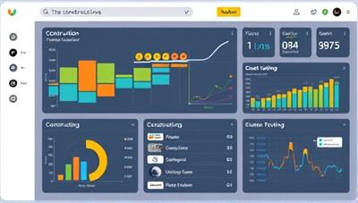 An integrated dashboard displaying construction timelines, budget tracking graphs, and communication channels between stakeholders, showcasing the platform's efficiency and user-friendly design.