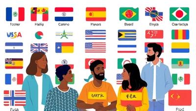 An engaging virtual language exchange session depicted with diverse participants conversing in different languages on a digital platform, with language flags and cultural symbols in the background, showcasing diversity and connectivity.