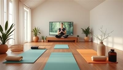 A serene virtual retreat setting with a peaceful meditation room, yoga mats, calming essential oils, and a virtual instructor leading a mindfulness session for participants on screen, creating a tranquil and immersive wellness experience from home.