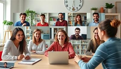 A vibrant online classroom setting with a diverse group of students engaging with their language tutor through video conferencing, creating a dynamic and interactive learning environment.