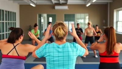 An energetic and motivating virtual workout session with a coach leading a group of participants through dynamic exercises, creating a sense of community and active lifestyle.