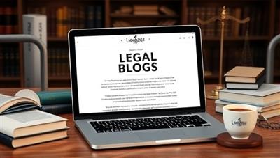 A creative visual featuring a legal-themed blog post being drafted on a sleek laptop, surrounded by legal books and a cup of coffee, symbolizing the blend of legal expertise with creative content creation, capturing the essence of Legalscribe Media.