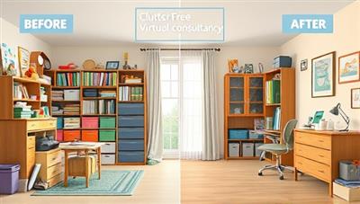A digital illustration of a cluttered room transforming into a well-organized space through virtual consultancy, showcasing before-and-after visuals, storage solutions, and a sense of harmony and order, reflecting the transformational impact of ClutterFree Solutions.