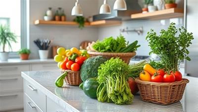 An elegant and modern kitchen setting with a countertop overflowing with vibrant, freshly harvested vegetables and herbs from Greenscape Subs, arranged in aesthetically pleasing baskets and containers, evoking a sense of freshness and convenience.