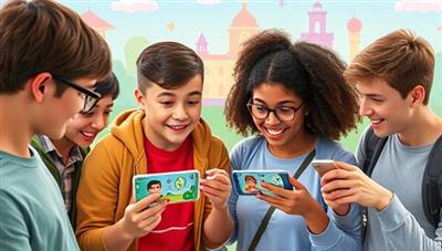 An engaging visual of teenagers enthusiastically playing the MoneyMinded Teens app on their smartphones, with animated characters teaching financial concepts in a colorful and interactive virtual world, inspiring financial literacy through gamification.