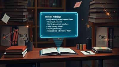 An artistic representation of a futuristic writing desk with a holographic AI assistant displaying writing suggestions, surrounded by floating books and creative sparks, symbolizing innovation and writing enhancement.