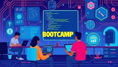 An engaging digital illustration of a virtual coding bootcamp session for teens with participants working on laptops, writing code, and collaborating on a tech project, surrounded by futuristic digital elements and coding symbols, highlighting innovation and tech skills development.