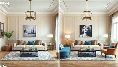 An elegant room mockup with before and after images, showcasing the impact of virtual home improvement consultations on transforming living spaces, featuring trendy decor elements and personalized design touches.