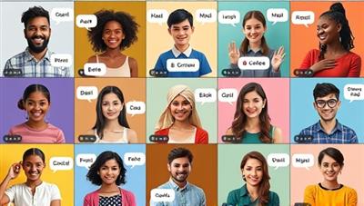 A vibrant digital collage featuring diverse individuals of different ethnicities engaging in virtual language exchange sessions via video calls, with speech bubbles showing words in various languages, symbolizing global communication and cultural exchange.
