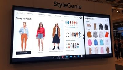 An interactive screen displaying the StyleGenie platform with virtual outfit suggestions, mix-and-match options, and style inspiration boards, showcasing a personalized and trendy fashion styling experience that combines AI technology with individual style preferences, reflecting the innovation and creativity of the platform.