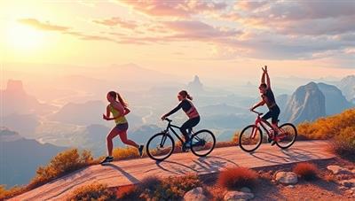 A dynamic digital illustration of a virtual fitness adventure landscape, featuring users engaging in various workout activities such as running, cycling, and yoga in a visually stunning and interactive virtual environment, creating a motivating and immersive fitness experience.